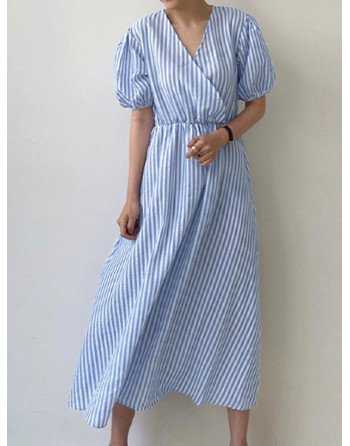 Puff Sleeve Wrap V-neck Stripe Print Midi Dress