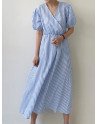 Puff Sleeve Wrap V-neck Stripe Print Midi Dress