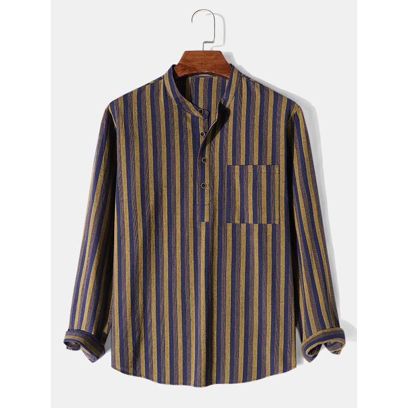 Mens Vertical Striped Chest Pocket Cotton Long Sleeve Henley Shirts