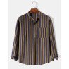 Mens Vertical Striped Chest Pocket Cotton Long Sleeve Henley Shirts