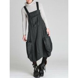 Vintage Straps Solid Color Loose Dress With Pockets