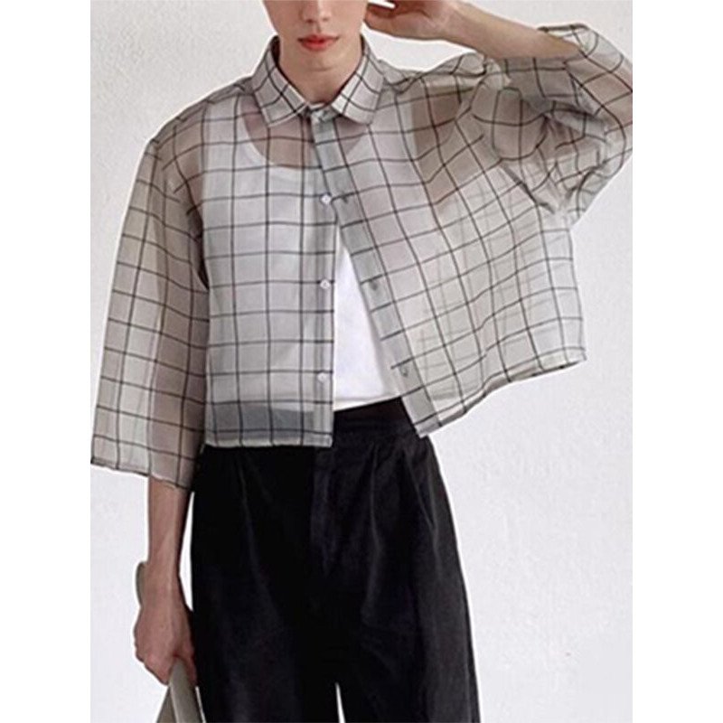 Mens Plaid Sheer Mesh See Through Shirt