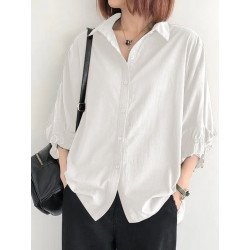 Solid Lapel 3/4/ Sleeve Button Front Casual Shirt