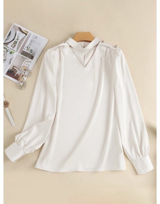 Solid Hollow Keyhole Back Long Sleeve Blouse For Women