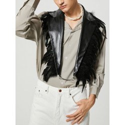 Mens Faux Leather Feather Chain Backless Waistcoat