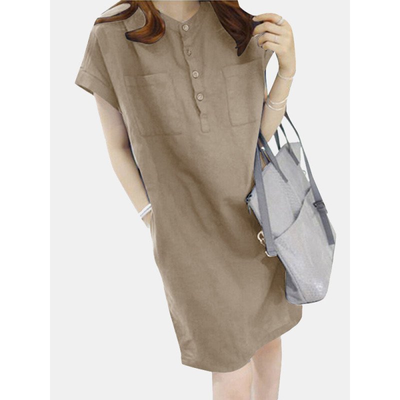 Solid Pocket Button Front Casual Dress With Belt