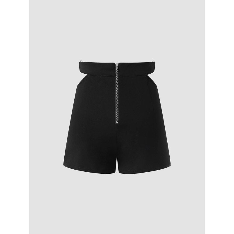 Solid Zip Front Cut Out Waist Double O-rings Shorts