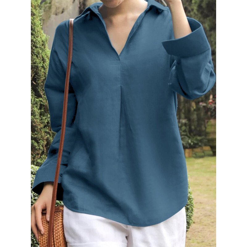 Solid Loose Long Sleeve Lapel Women Blouse