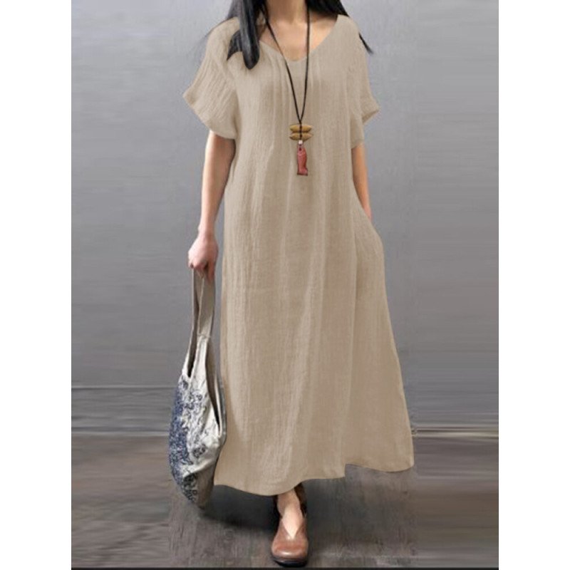 Solid Pocket V-neck Short Sleeve Maxi Vintage Dress