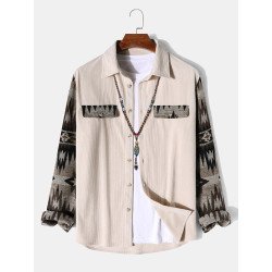 Mens Ethnic Geometric Patchwork Lapel Corduroy Long Sleeve Shirts