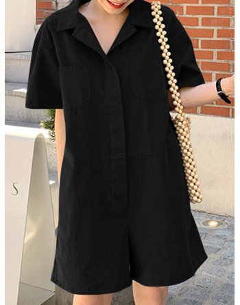 Solid Pocket Button Lapel Short Sleeve Casual Cotton Romper