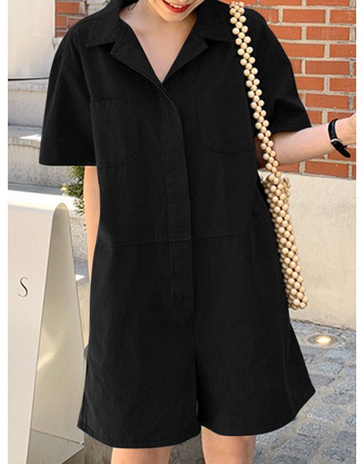 Solid Pocket Button Lapel Short Sleeve Casual Cotton Romper