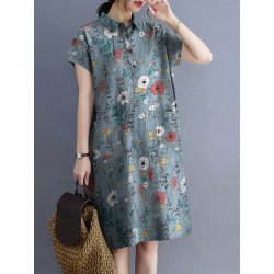 Flower Abstract Painted Print Button Pocket Lapel Midi Dress