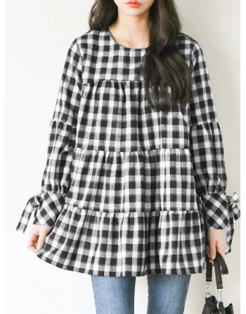 Check Print Tie Long Sleeve O-neck Blouse for Women