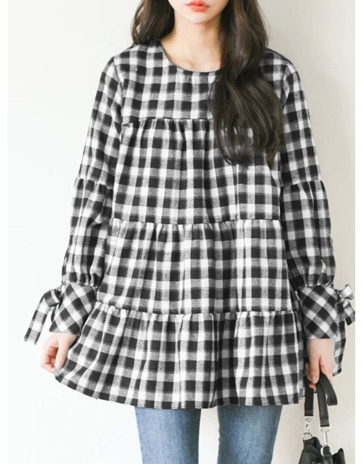 Check Print Tie Long Sleeve O-neck Blouse for Women