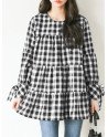 Check Print Tie Long Sleeve O-neck Blouse for Women