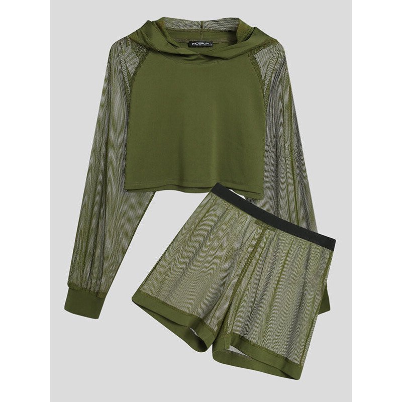 Men Hooded Mesh Patchwork Crop Top Shorts Set