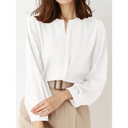Solid Long Sleeve Notch Neck Blouse For Women