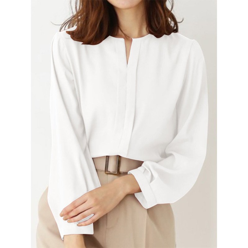 Solid Long Sleeve Notch Neck Blouse For Women