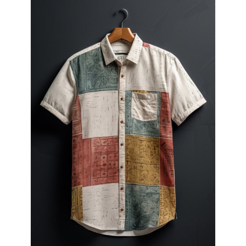 Mens Vintage Print Color Block Button Up Short Sleeve Shirts