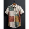 Mens Vintage Print Color Block Button Up Short Sleeve Shirts