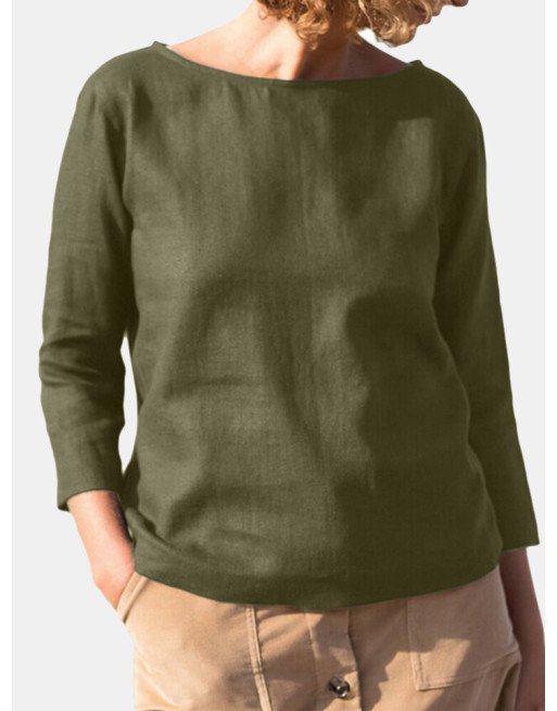 Solid Long Sleeve Casual Crew Neck Blouse For Women