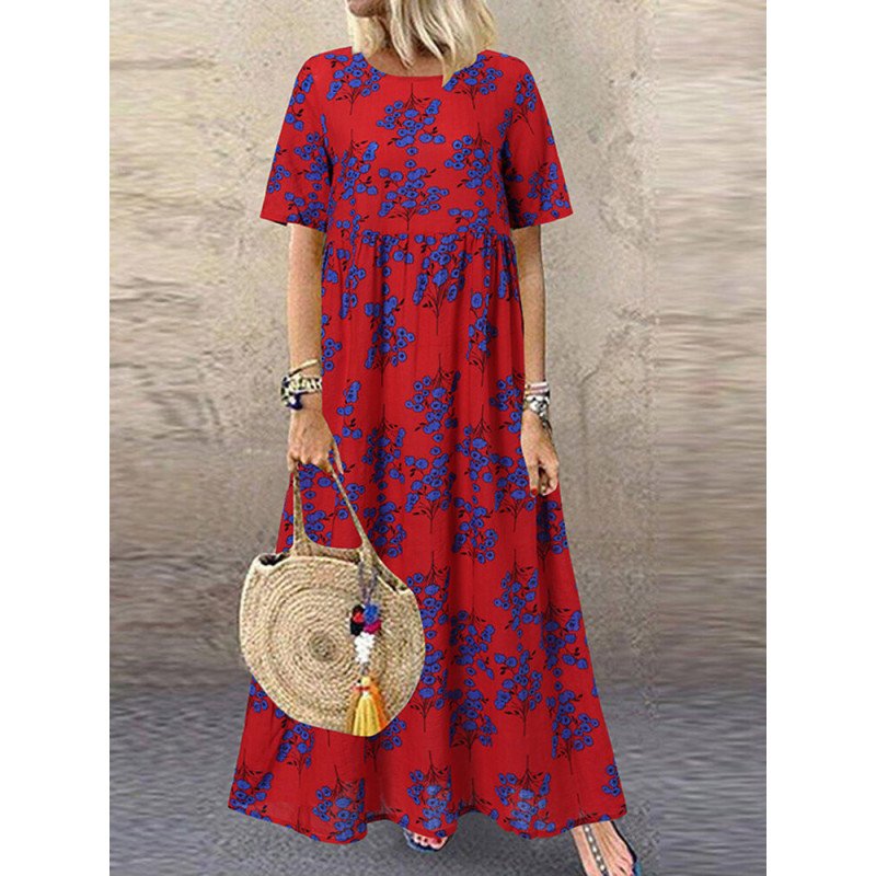 Allover Floral Print Short Sleeve Crew Neck Dress