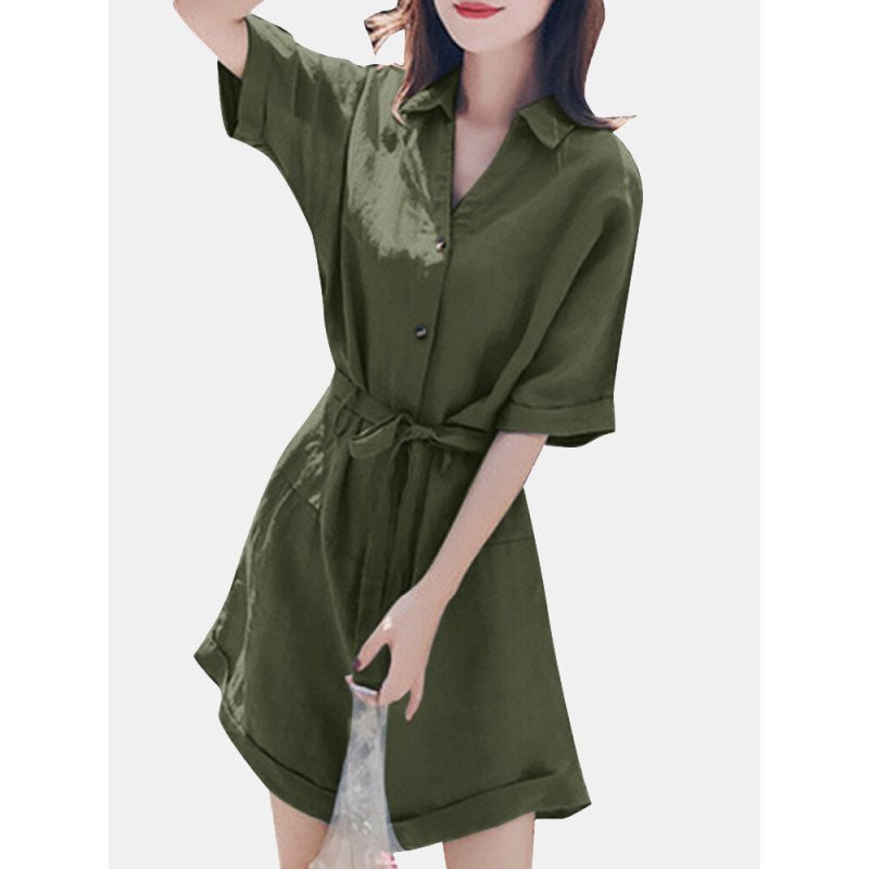 Solid Pocket Lapel Belt Button Front Short Sleeve Romper