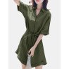 Solid Pocket Lapel Belt Button Front Short Sleeve Romper