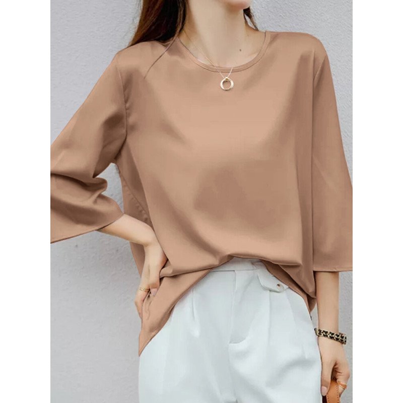 Solid Satin 3/4 Sleeve Crew Neck Casual Blouse