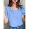 Lace Solid Collar Square Collar Puff Sleeve Blouse
