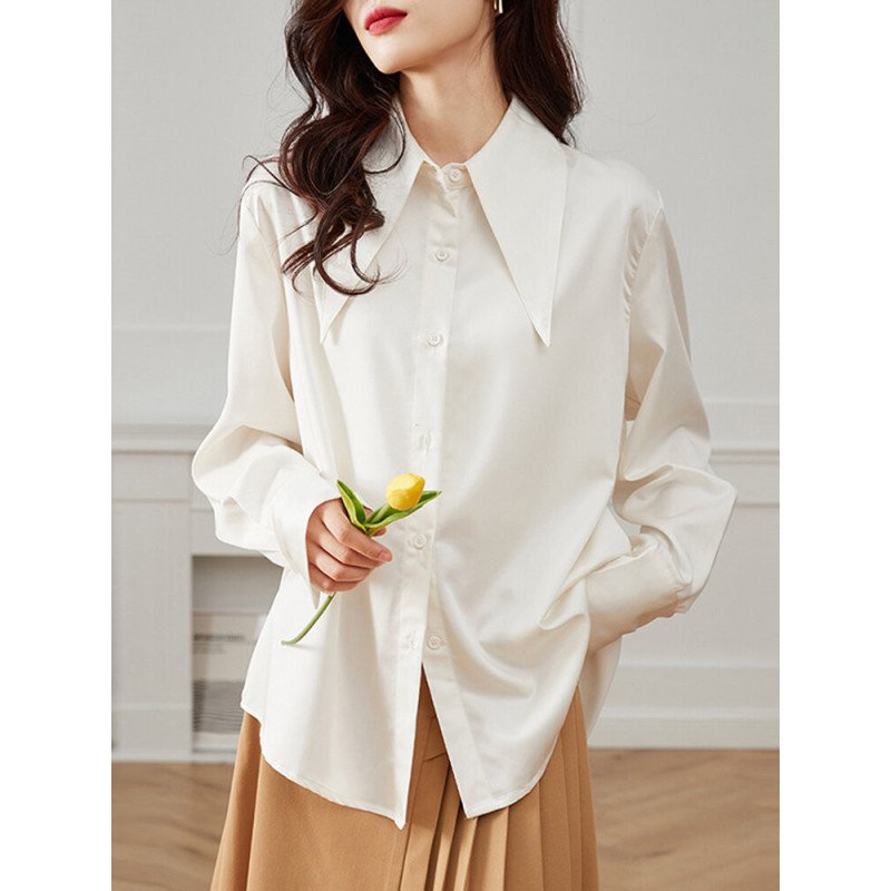 Satin Solid Button Front Long Sleeve Lapel Loose Shirt