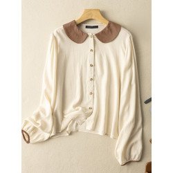 Contrast Long Sleeve Button Front Lapel Women Blouse