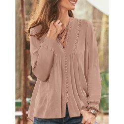 Lace Splice V-Neck Button Front Casual Long Sleeve Blouse