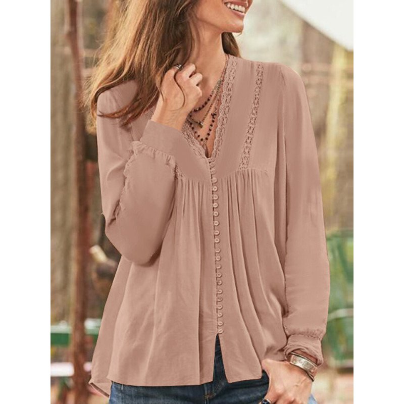 Lace Splice V-Neck Button Front Casual Long Sleeve Blouse
