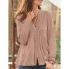 Lace Splice V-Neck Button Front Casual Long Sleeve Blouse