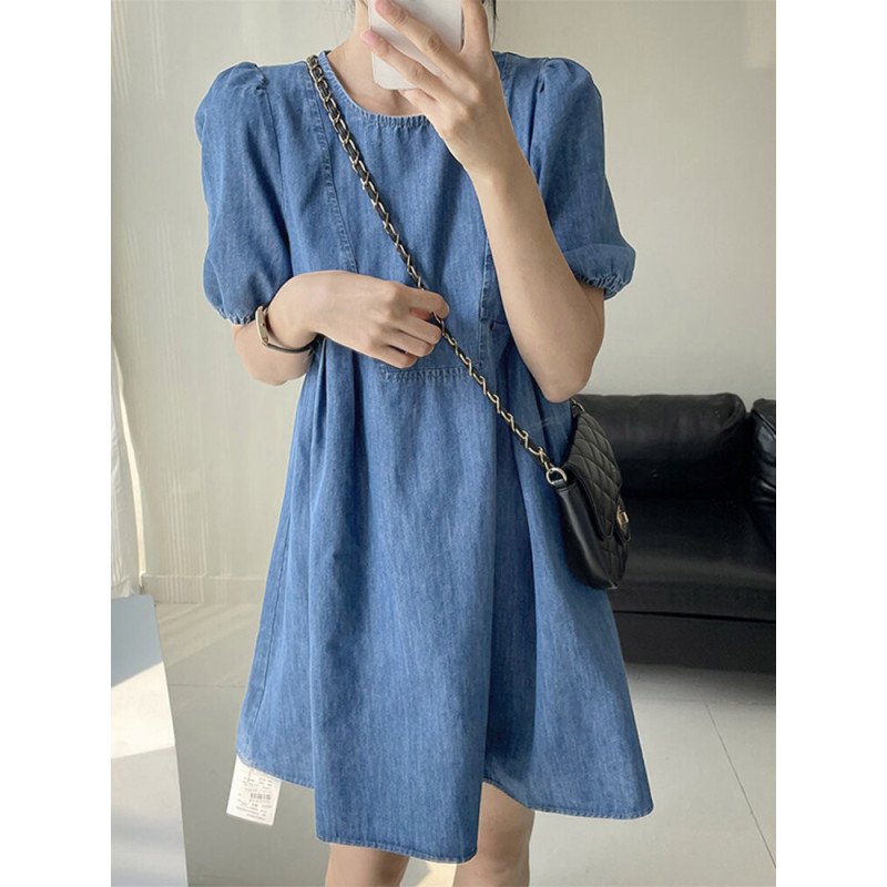 Puff Sleeve A-line Solid Crew Neck Casual Denim Dress