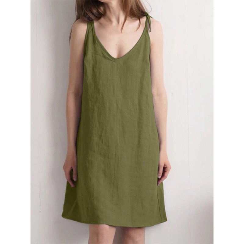 Women Solid Tie Spaghetti Strap Cotton Casual Dress