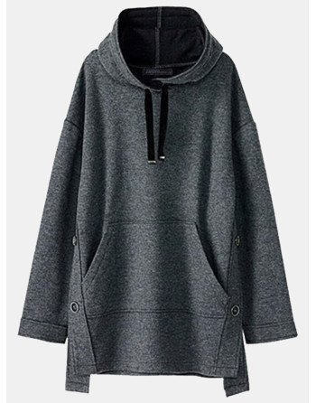 Casual Slit Hem Pocket Long Sleeve Drawstring Hoodie