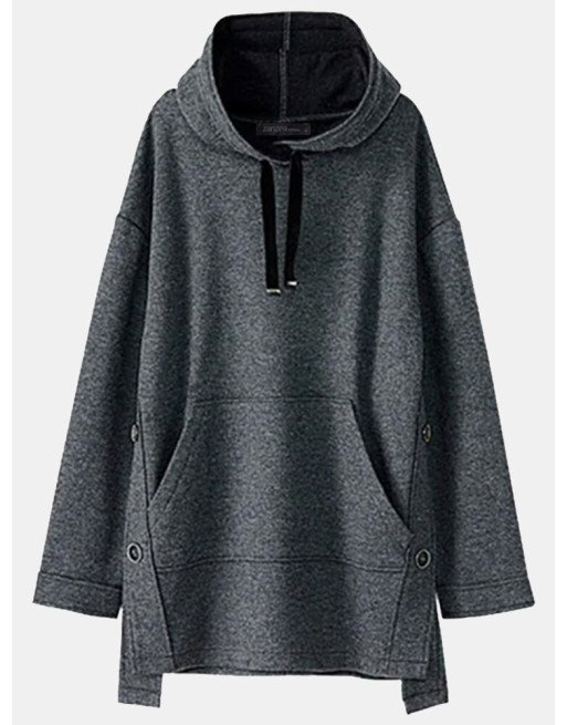 Casual Slit Hem Pocket Long Sleeve Drawstring Hoodie