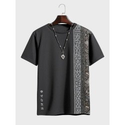 Mens Japanese Vintage Print Patchwork Crew Neck Short Sleeve T-Shirts