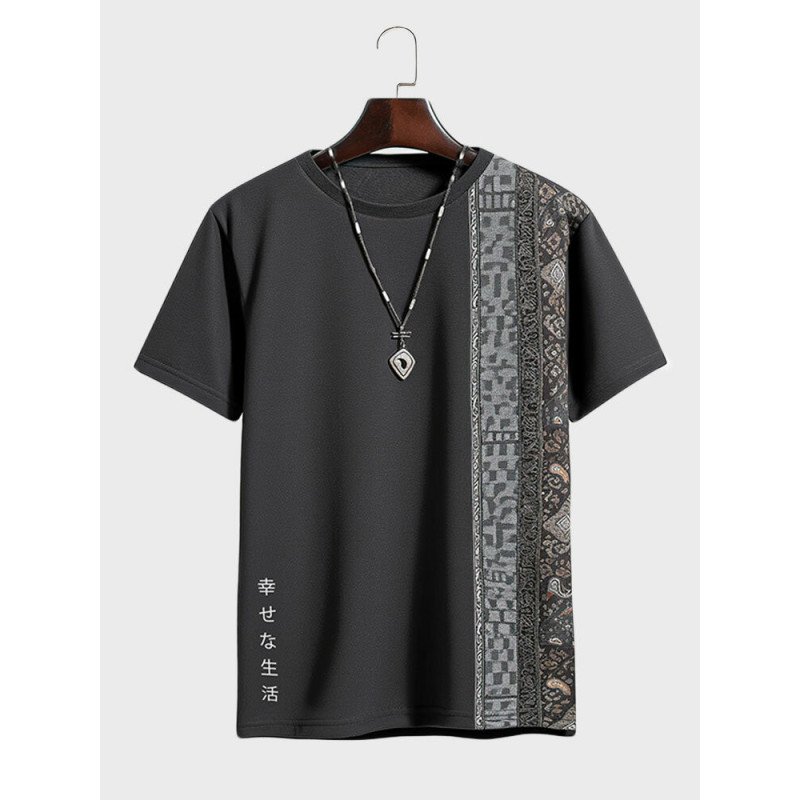 Mens Japanese Vintage Print Patchwork Crew Neck Short Sleeve T-Shirts