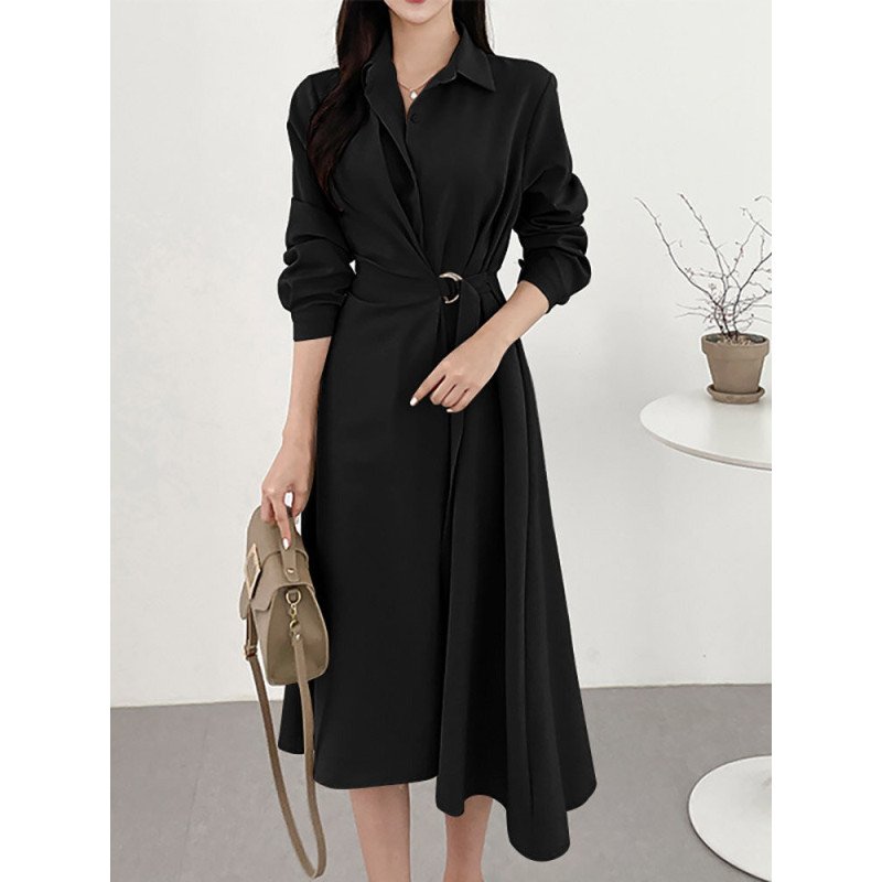 Solid Long Sleeve Belt Lapel Casual Dress