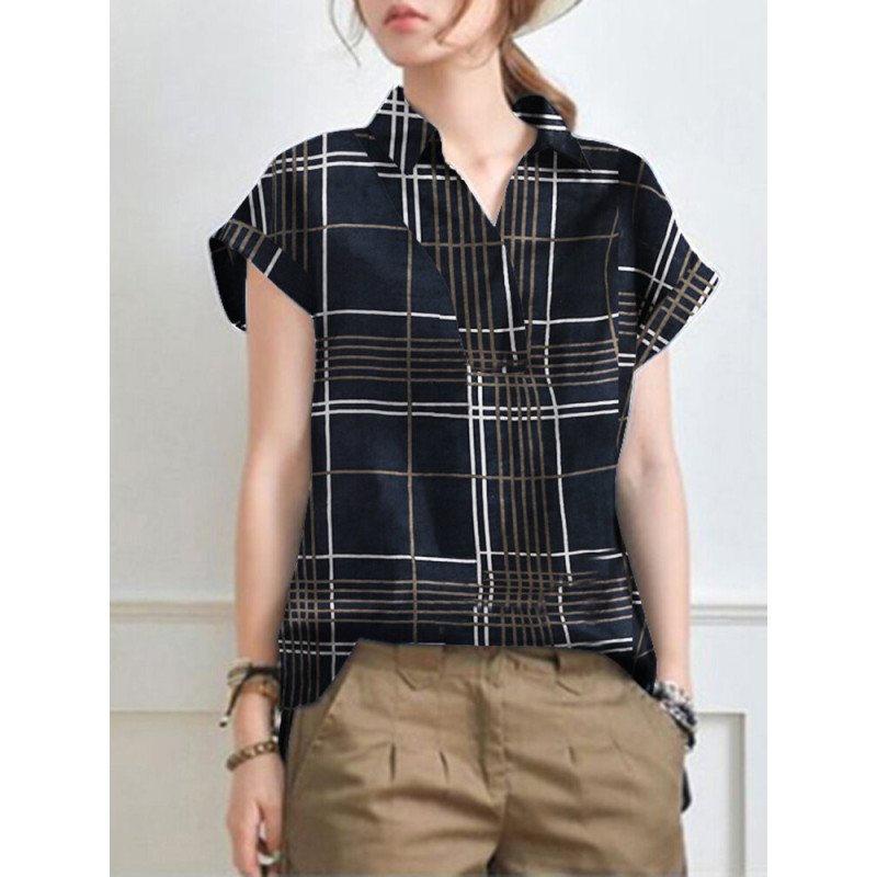 Abstract Painted Letter Plaid Short Sleeve Casual Blouse