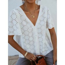 Women Lace Hollow Short Sleeve V-neck Solid Blouse