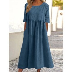 Solid Pleated Crew Neck Half Sleeve Dress With Pocket