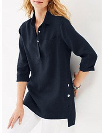 Solid High-low Pocket Button Half Placket 3/4 Sleeve Blouse