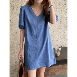 Brief V Neck Half Sleeve Denim Elastic Cuff Casual Dress