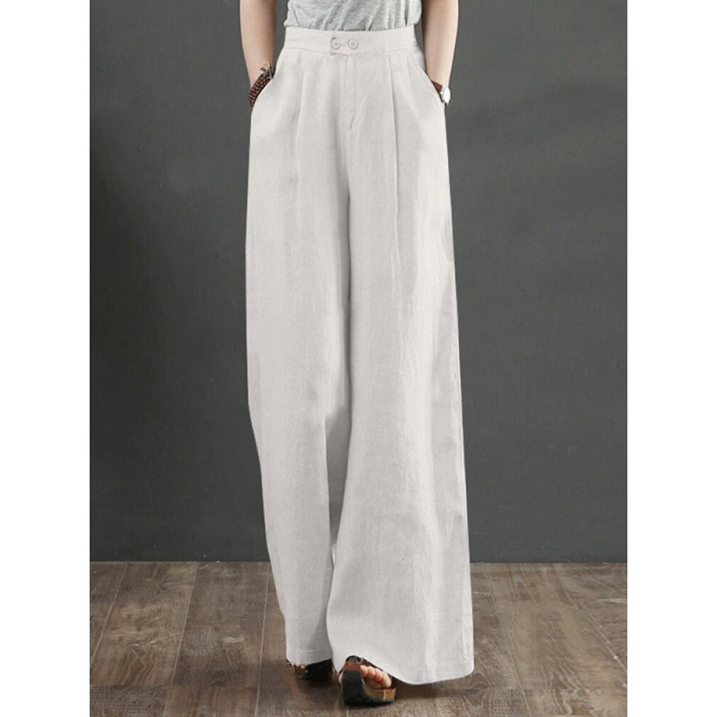 Solid Casual Pocket Wide Leg Pants For Women