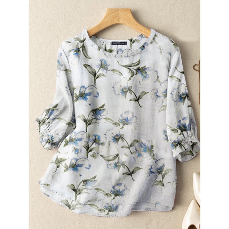 Random Flower Print Casual Crew Neck 3/4 Sleeve Blouse